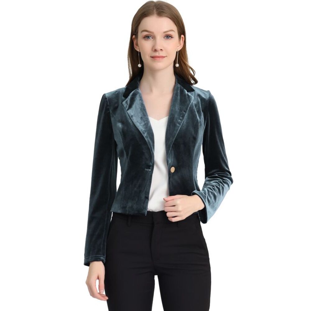 Allegra K Teal Velvet Single-Button Blazer
